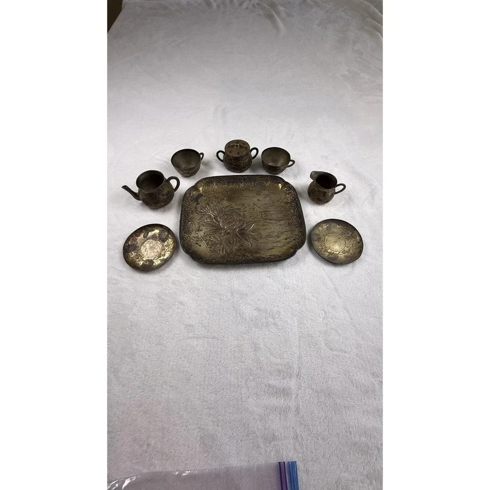 Vintage Japanese Brass Mini Tea Set Tray Teapot Cups Etched Floral Decor